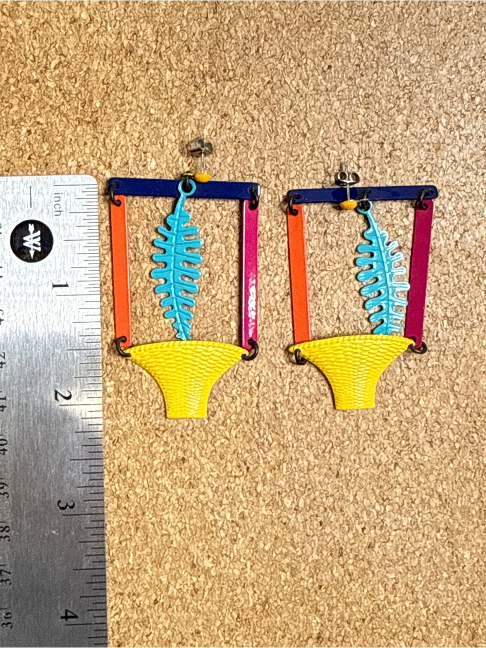 Colorblock Leaf Drop Earrings - Yellow, Blue & Multicolor 80’s